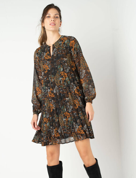 Robe courte plissée imprimée (noir / bronze) Robe courte plissée imprimée (noir / bronze)